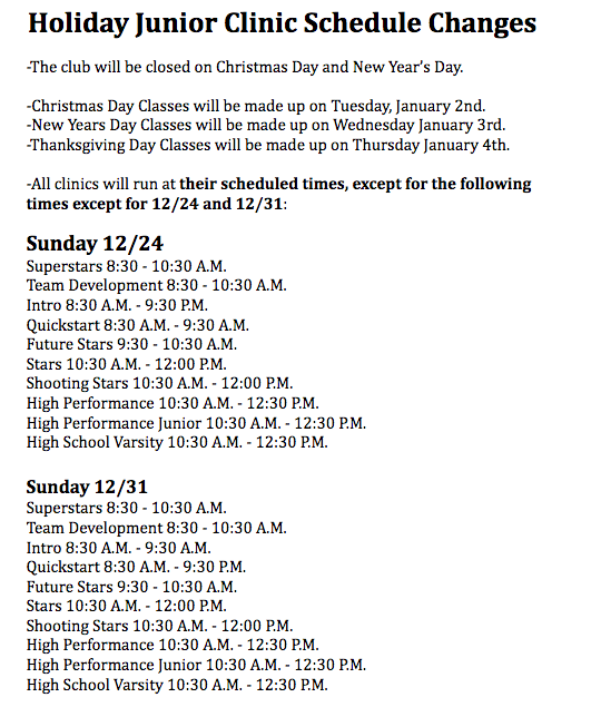 Holiday Junior Clinic Schedule